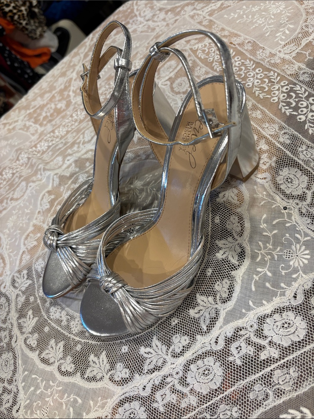 Badgley Mischka Silver Knotted Ankle-Strap Sandals